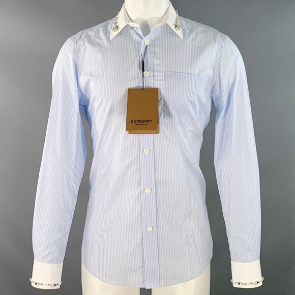 S Blue White Stripe Cotton Crystal Embellishment One Pocket Long Sleeve Shirt - Picture 1 of 10